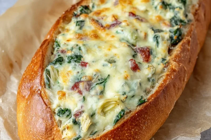Spinach and Artichoke Stuffed Bread with a golden crust and gooey filling