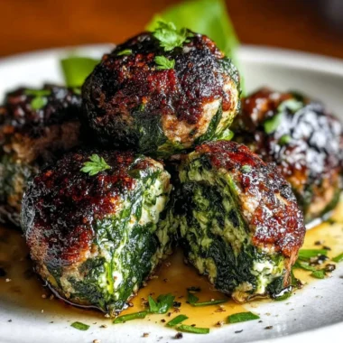 Homemade spinach garlic meatballs on a plate, garnished and ready to serve.