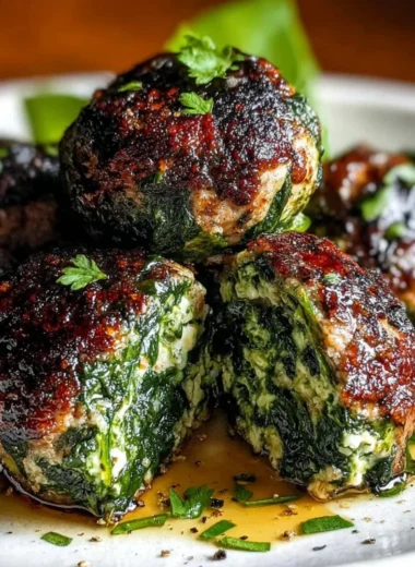 Homemade spinach garlic meatballs on a plate, garnished and ready to serve.
