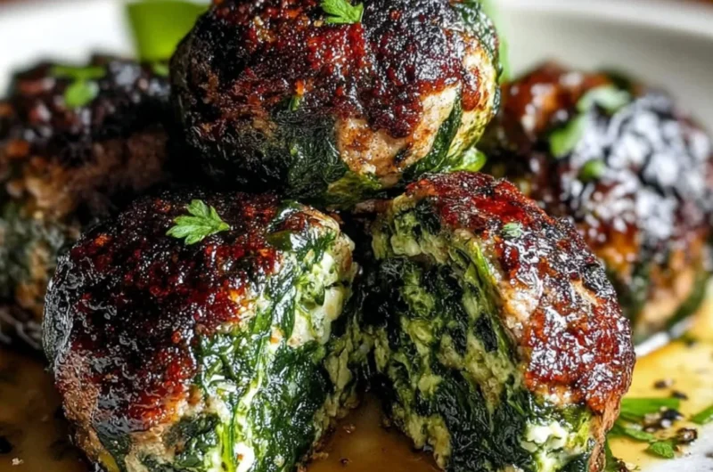Homemade spinach garlic meatballs on a plate, garnished and ready to serve.