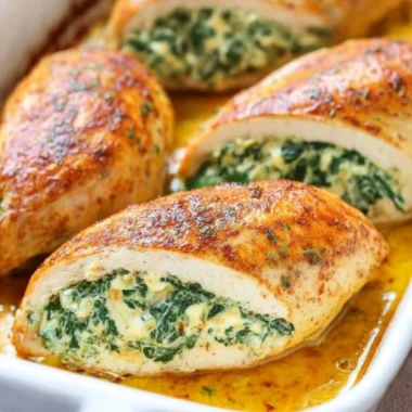 Spinach stuffed chicken breasts ready to serve, filled with creamy spinach filling.