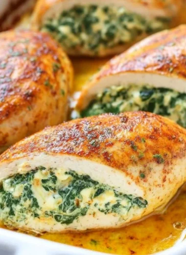 Spinach stuffed chicken breasts ready to serve, filled with creamy spinach filling.