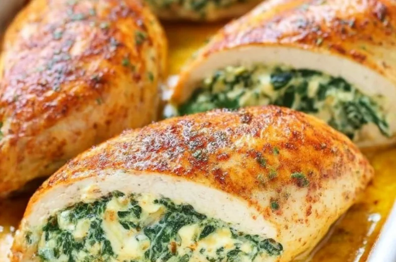 Spinach stuffed chicken breasts ready to serve, filled with creamy spinach filling.