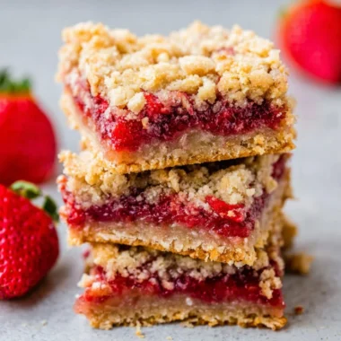 Delicious strawberry crumble bars with a golden crumble topping and fresh strawberries.