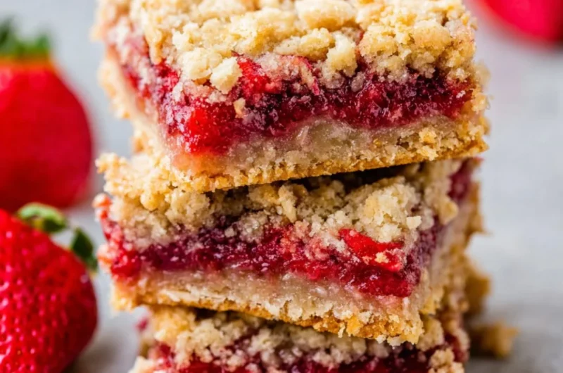 Delicious strawberry crumble bars with a golden crumble topping and fresh strawberries.