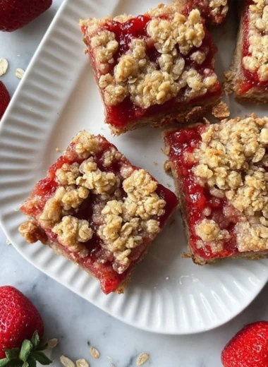 Freshly baked strawberry oatmeal bars on a cooling rack