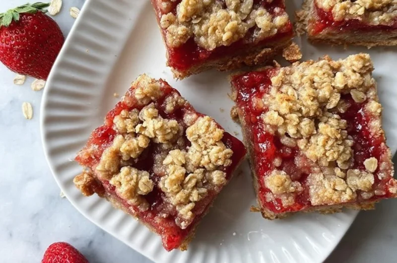 Freshly baked strawberry oatmeal bars on a cooling rack
