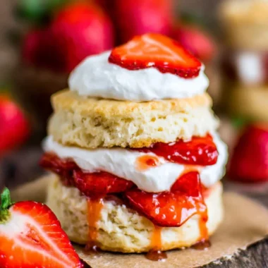 Delicious Strawberry Shortcake topped with fresh strawberries and whipped cream