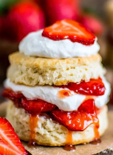 Delicious Strawberry Shortcake topped with fresh strawberries and whipped cream