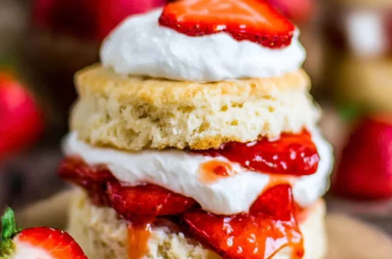 Delicious Strawberry Shortcake topped with fresh strawberries and whipped cream