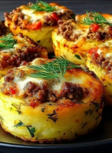 Delicious stuffed mashed potato nests topped with herbs and spices.