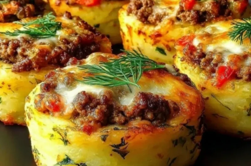 Delicious stuffed mashed potato nests topped with herbs and spices.
