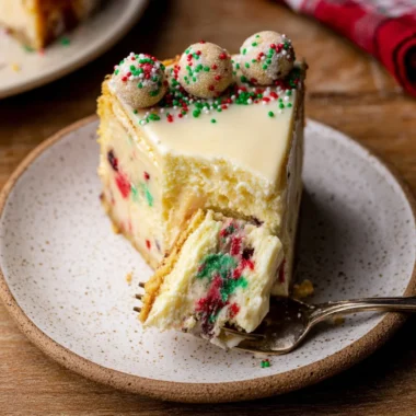 Delicious slice of Sugar Cookie Cheesecake topped with colorful sprinkles
