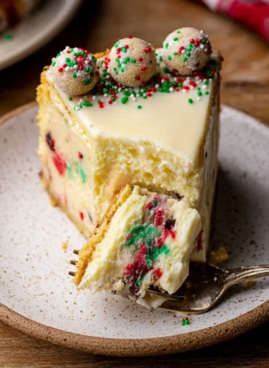 Delicious slice of Sugar Cookie Cheesecake topped with colorful sprinkles