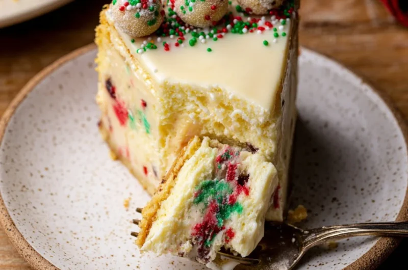 Delicious slice of Sugar Cookie Cheesecake topped with colorful sprinkles