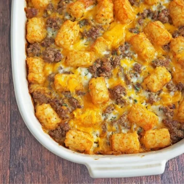 Tater Tot Sausage Breakfast Casserole fresh out of the oven