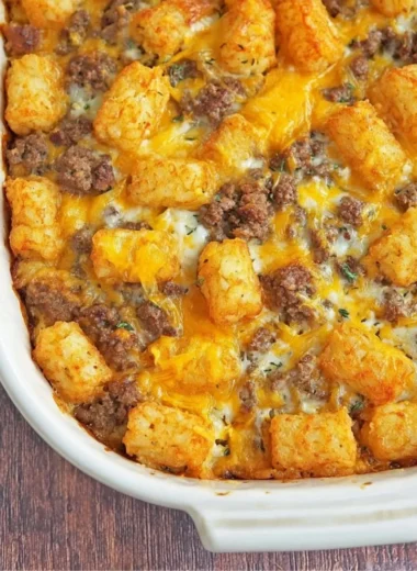 Tater Tot Sausage Breakfast Casserole fresh out of the oven