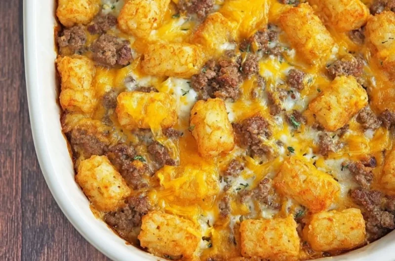 Tater Tot Sausage Breakfast Casserole fresh out of the oven
