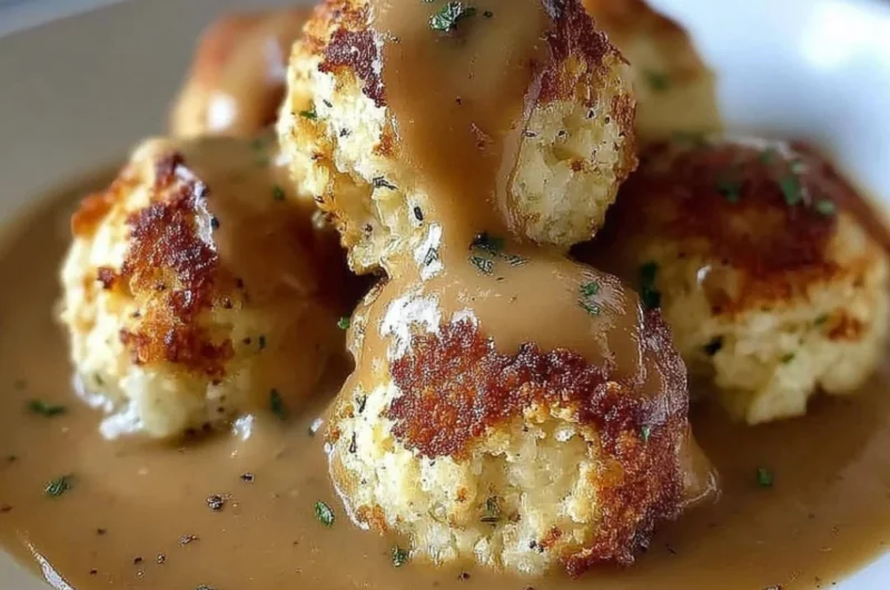 Delicious homemade Thanksgiving stuffing balls ready to be served.