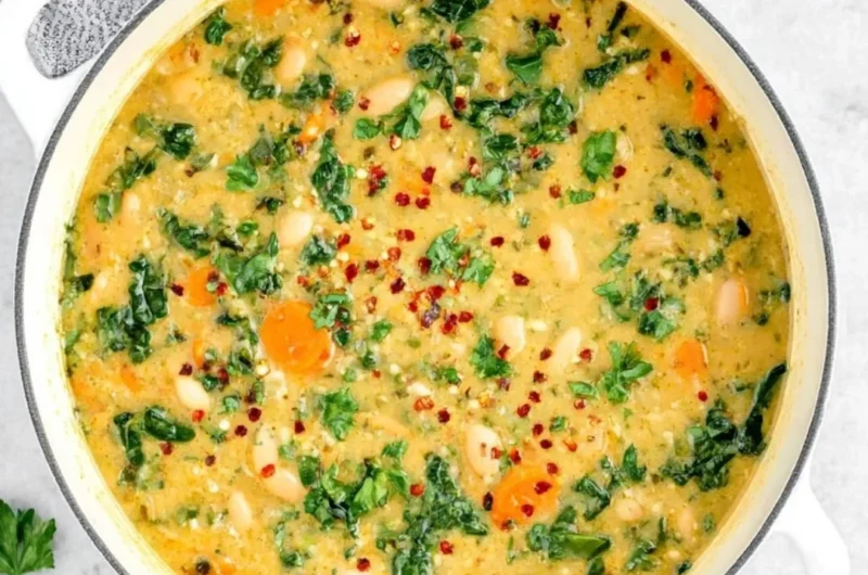 A bowl of Tuscan White Bean Soup garnished with herbs and served with crusty bread.