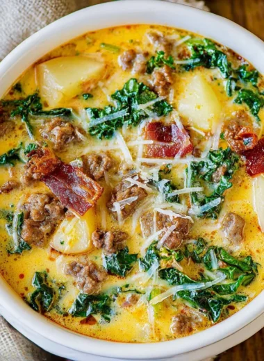 Bowl of hearty Tuscany Soup with vegetables and herbs
