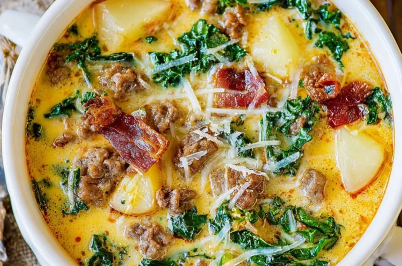 Bowl of hearty Tuscany Soup with vegetables and herbs