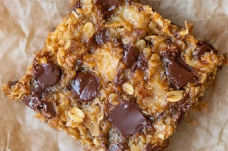 Delicious warm banana oatmeal bars fresh out of the oven.