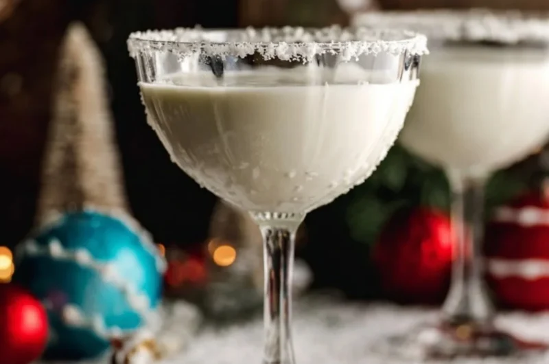 White Chocolate Snowflake Martini garnished with a snowflake rim and festive sprinkles.