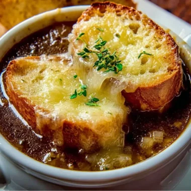 A bowl of authentic French onion soup topped with melted cheese and fresh herbs.