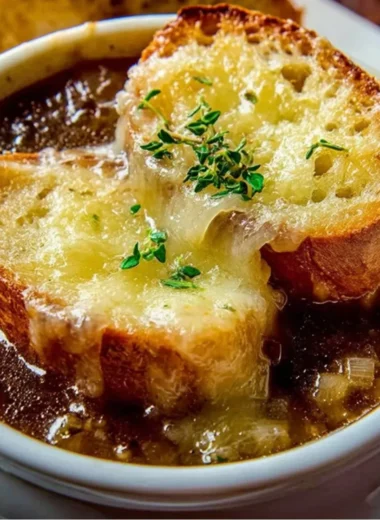 A bowl of authentic French onion soup topped with melted cheese and fresh herbs.