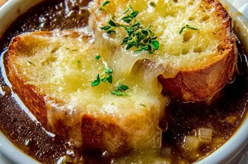A bowl of authentic French onion soup topped with melted cheese and fresh herbs.