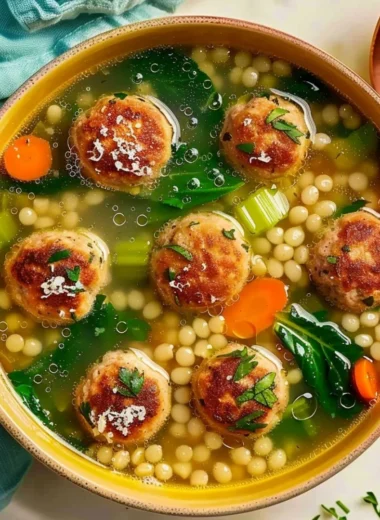 Authentic Italian Wedding Soup with Ground Turkey served in a bowl