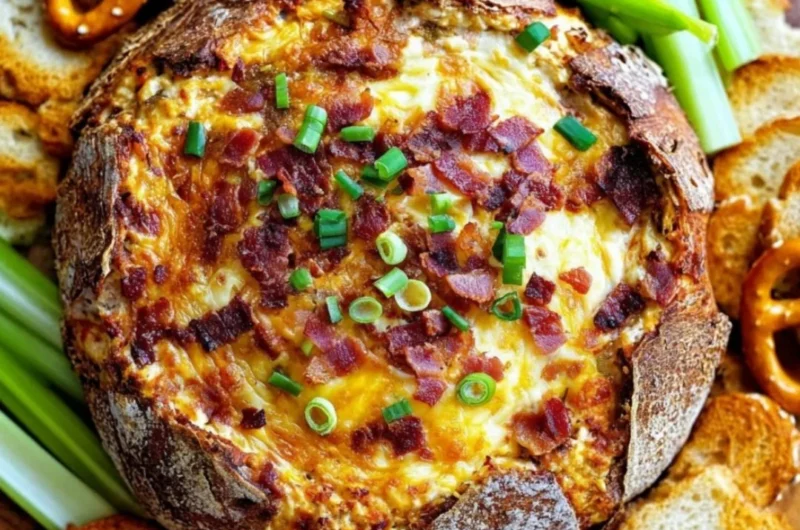 Delicious Baked Bacon Cheese Dip served in a dish, perfect for appetizers.