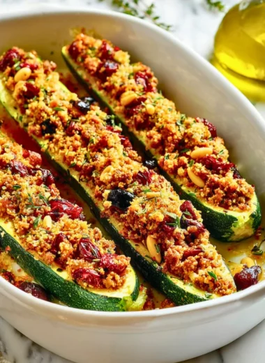 Baked Mediterranean stuffed zucchini boats filled with fresh ingredients