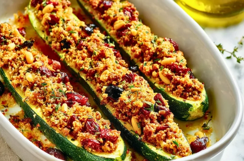 Baked Mediterranean stuffed zucchini boats filled with fresh ingredients