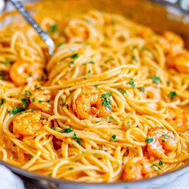 Plate of Bang Bang Shrimp Pasta garnished with herbs and chili flakes