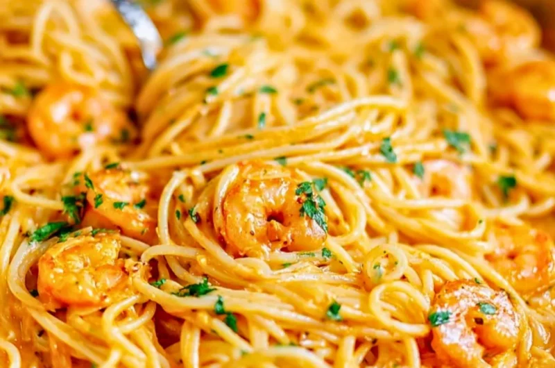 Plate of Bang Bang Shrimp Pasta garnished with herbs and chili flakes