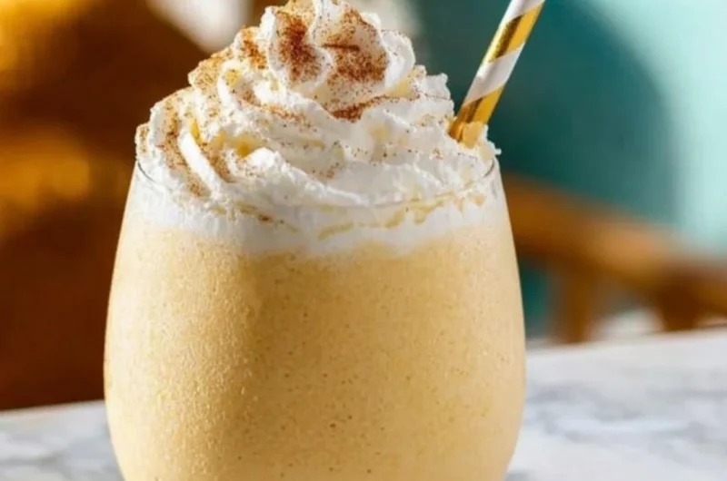 Delicious eggnog milkshake topped with whipped cream and nutmeg