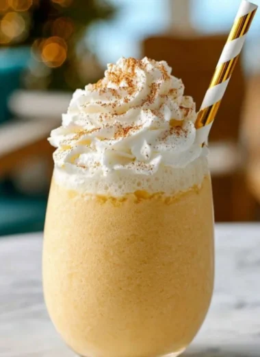 Delicious eggnog milkshake topped with whipped cream and a sprinkle of nutmeg.