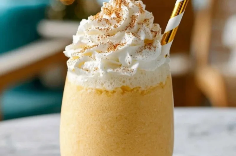 Delicious eggnog milkshake topped with whipped cream and a sprinkle of nutmeg.