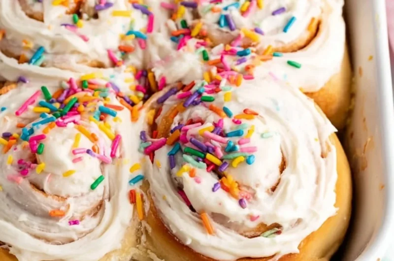 Delicious Birthday Cake Cinnamon Rolls topped with colorful icing and sprinkles