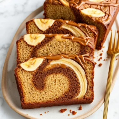 Loaf of Biscoff Banana Bread with dollops of creamy Biscoff spread on top