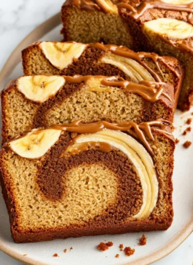 Loaf of Biscoff Banana Bread with dollops of creamy Biscoff spread on top
