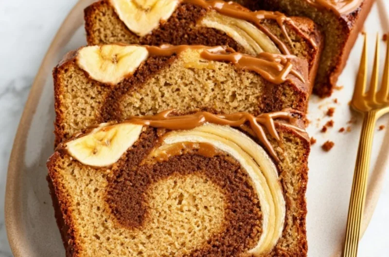 Loaf of Biscoff Banana Bread with dollops of creamy Biscoff spread on top