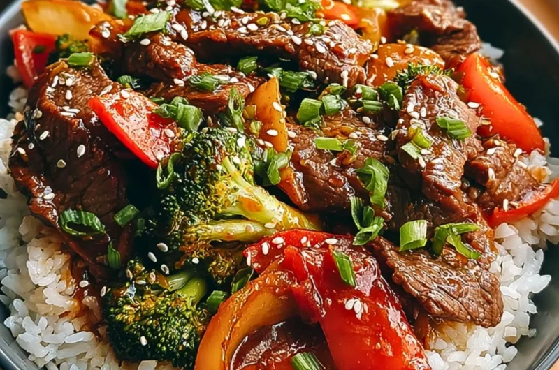 Delicious Blackstone Cowboy Stir Fry with colorful vegetables and beef on a grill.