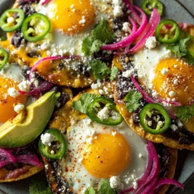 Delicious breakfast tostadas with eggs and avocado on a plate