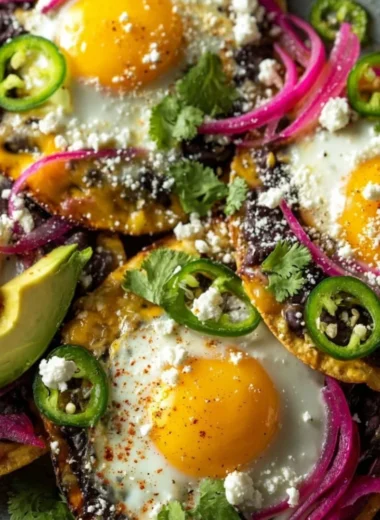Delicious breakfast tostadas with eggs and avocado on a plate
