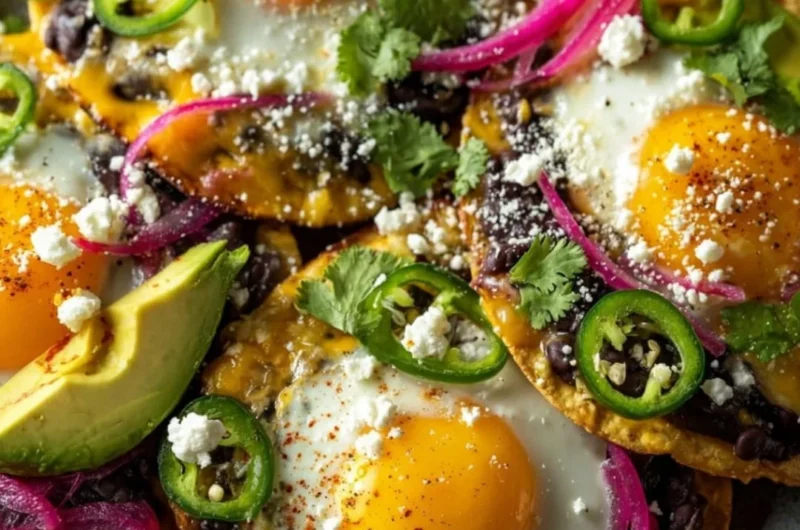 Delicious breakfast tostadas with eggs and avocado on a plate