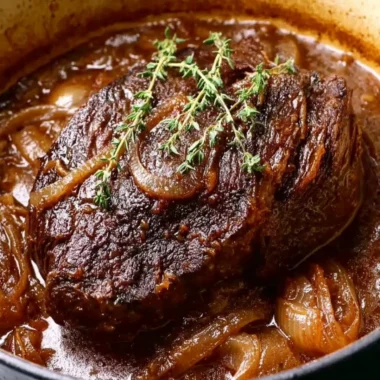 Delicious Caramelized French Onion Pot Roast served with herbs and vegetables.