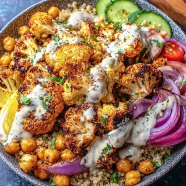 Delicious Cauliflower Shawarma Bowl topped with fresh vegetables and tahini sauce